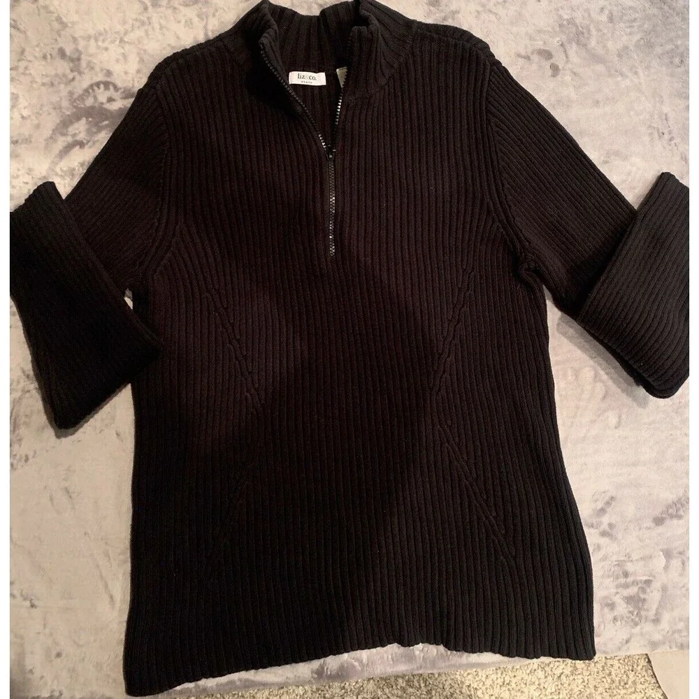 Liz & Co Woman  1X Black 1/4‎ Zip Pullover Ne Neck Sweater Large Heritage